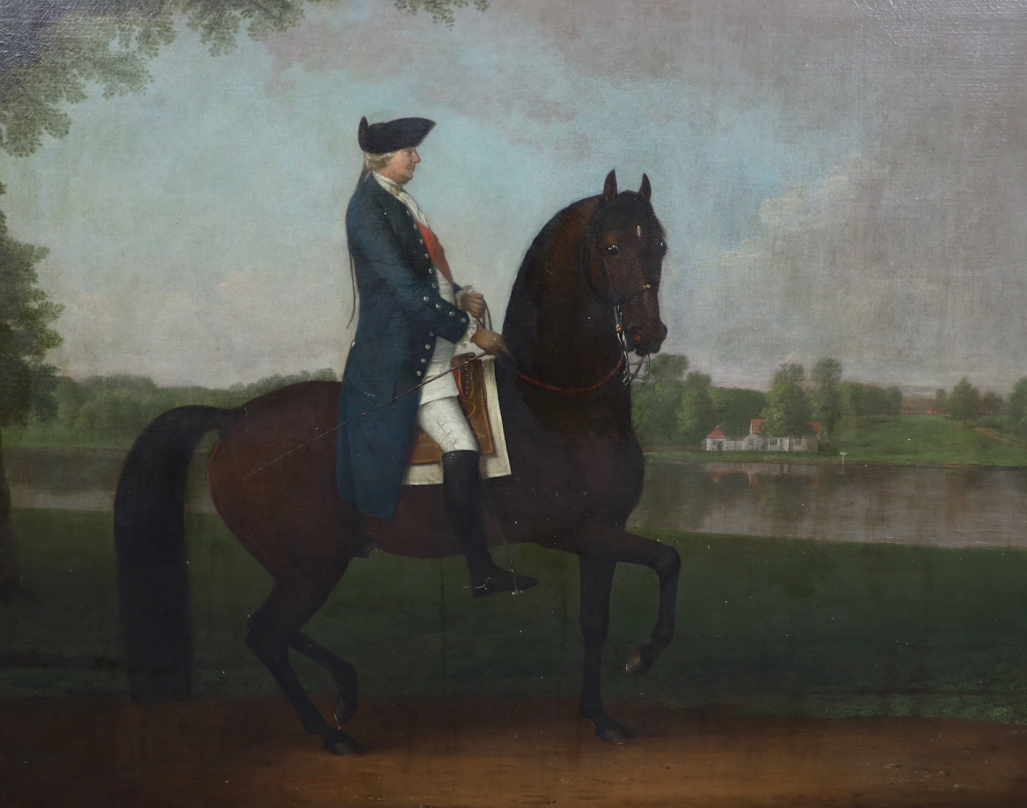 Attributed to David Morier (Anglo-Swiss, 1705-1770), Portrait of the Duke of Cumberland on horseback on a Thames towpath, oil on canvas, 100 x 122cm